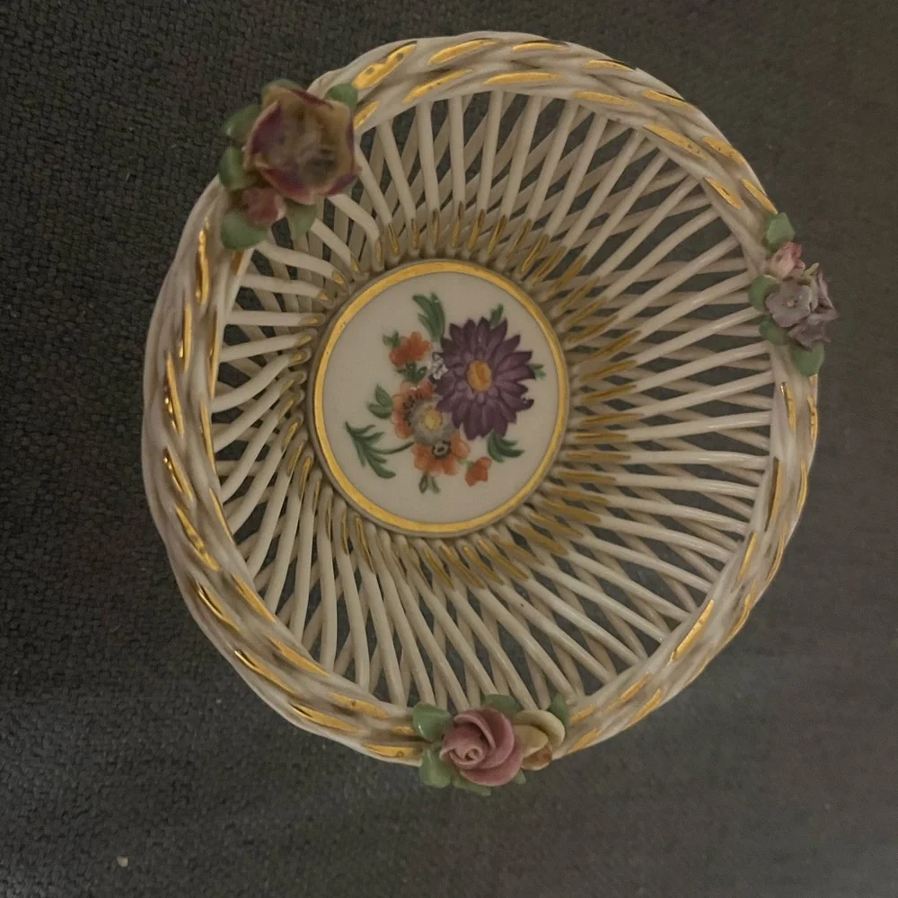 Miniature Floral Porcelain Basket with Gold Accents